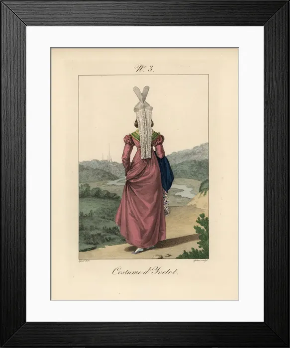 Framed Print : Woman in long plum dress with blue stole from Yvetot Framed Print : Woman in long plum dress with blue stole from Yvetot