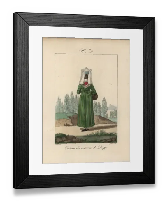Framed Print : Woman in costume of Dieppe. Rear view of the tall bavolet bonnet with two long lace tails Framed Print : Woman in costume of Dieppe. Rear view of the tall bavolet bonnet with two long lace tails