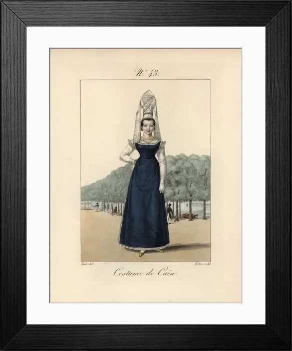 Framed Print : Costume of Caen. Tall bonnet with the veils twisted over the crown of artificial flowers Framed Print : Costume of Caen. Tall bonnet with the veils twisted over the crown of artificial flowers