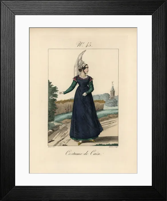 Framed Print : Costume of Caen. The woman has fixed her bavolet bonnet with two ribbons Framed Print : Costume of Caen. The woman has fixed her bavolet bonnet with two ribbons