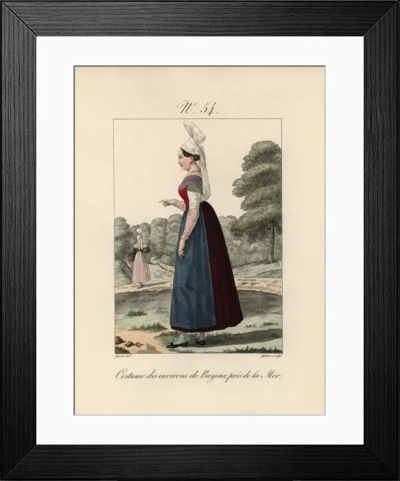 Framed Print : Costume of Bayeux. Falling tails from the bonnet and the false sleeves in a contrasting colour Framed Print : Costume of Bayeux. Falling tails from the bonnet and the false sleeves in a contrasting colour