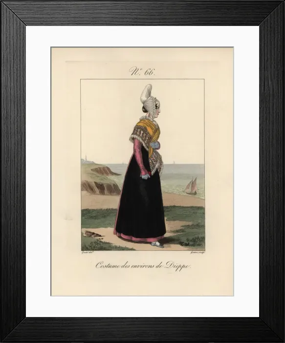 Framed Print : Costume of the area of Dieppe. Bonnet with its papillon wings folded toward the front Framed Print : Costume of the area of Dieppe. Bonnet with its papillon wings folded toward the front