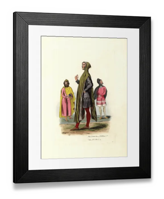 Framed Print : Men in hooded cloaks, tunics and stockings of thee time of William II Framed Print : Men in hooded cloaks, tunics and stockings of thee time of William II