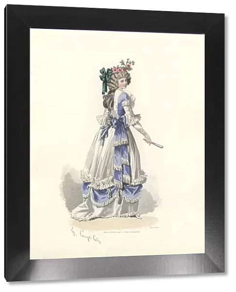 10940139. Woman in long white silk dress with blue ribbon decorations, holding a fan.