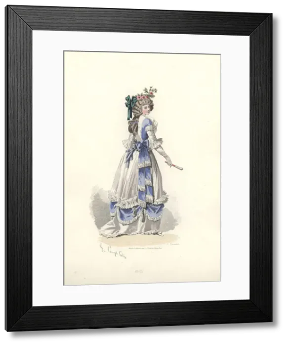 Framed Print : Woman in long white silk dress with blue ribbon decorations Framed Print : Woman in long white silk dress with blue ribbon decorations