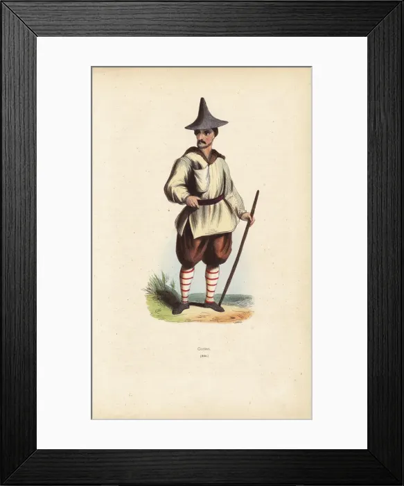 Framed Print : Korean man in hat, breeches and stockings, holding a stick Framed Print : Korean man in hat, breeches and stockings, holding a stick