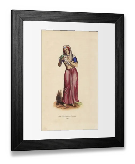 Framed Print : Girl from the Himalayan mountains playing with a parrot Framed Print : Girl from the Himalayan mountains playing with a parrot