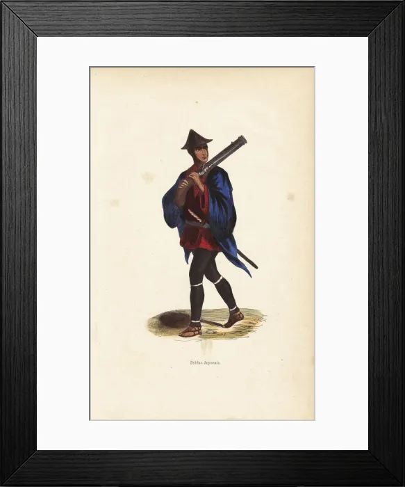 Framed Print : Japanese soldier wearing a helmet, kimono, leggings, sandals Framed Print : Japanese soldier wearing a helmet, kimono, leggings, sandals