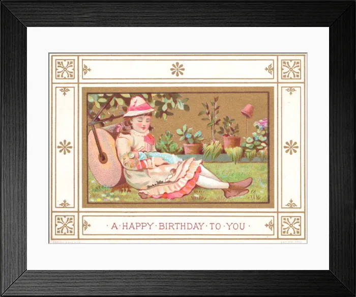 Framed Print : Girl in a garden with a doll on a birthday card Framed Print : Girl in a garden with a doll on a birthday card