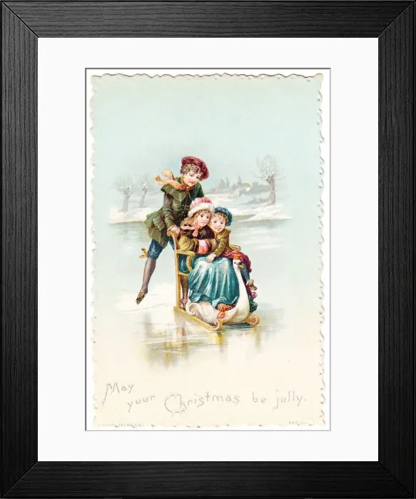 Framed Print : Children on a frozen pond on a Christmas card Framed Print : Children on a frozen pond on a Christmas card