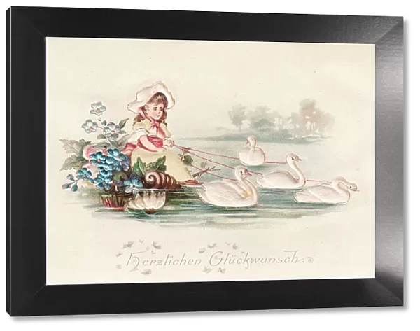 Girl in boat with swans on a German greetings card