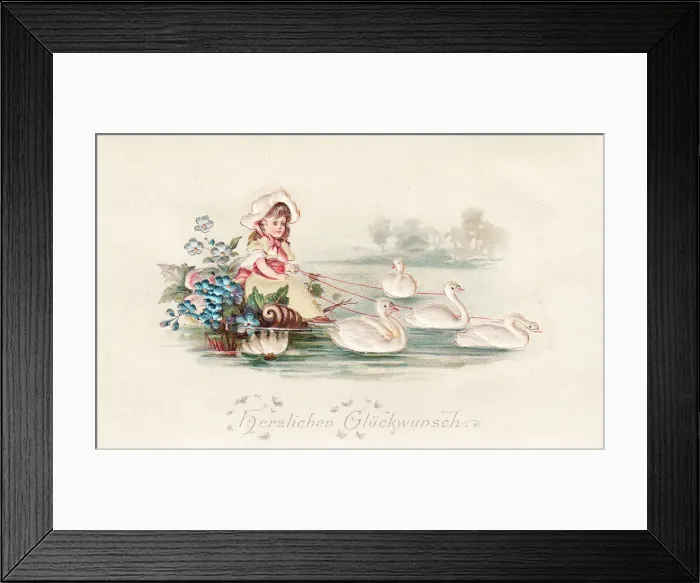 Framed Print : Girl in boat with swans on a German greetings card Framed Print : Girl in boat with swans on a German greetings card
