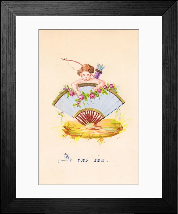 Framed Print : Pink roses, fan and Cupid on a hand-coloured card Framed Print : Pink roses, fan and Cupid on a hand-coloured card