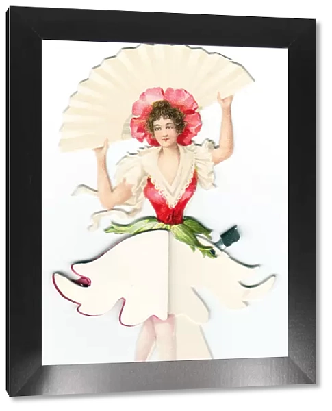 Lady with adjustable skirt on a cutout greetings card