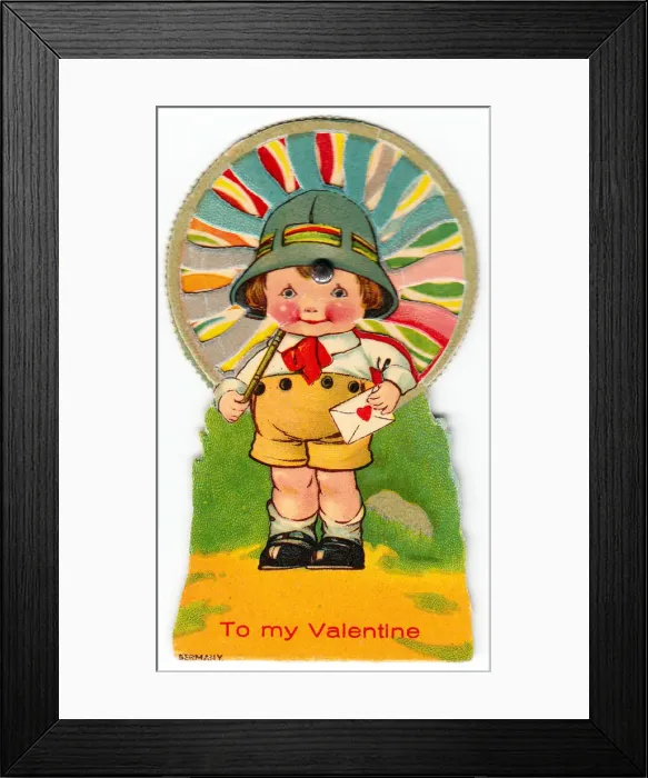 Framed Print : Smiling boy with parasol on a Valentine card Framed Print : Smiling boy with parasol on a Valentine card