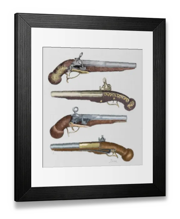 Framed Print : Ancient pistols. 18th century. Colored engraving Framed Print : Ancient pistols. 18th century. Colored engraving