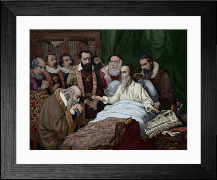 Framed Print : Last moments of Calvin (1509-1564). Engraving. Colored Framed Print : Last moments of Calvin (1509-1564). Engraving. Colored