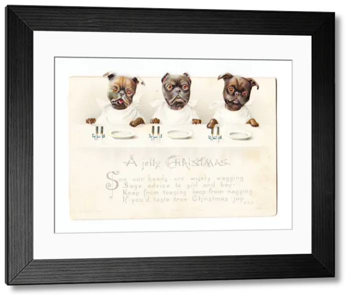 Framed Print : Three dogs with moveable heads on a Christmas card Framed Print : Three dogs with moveable heads on a Christmas card