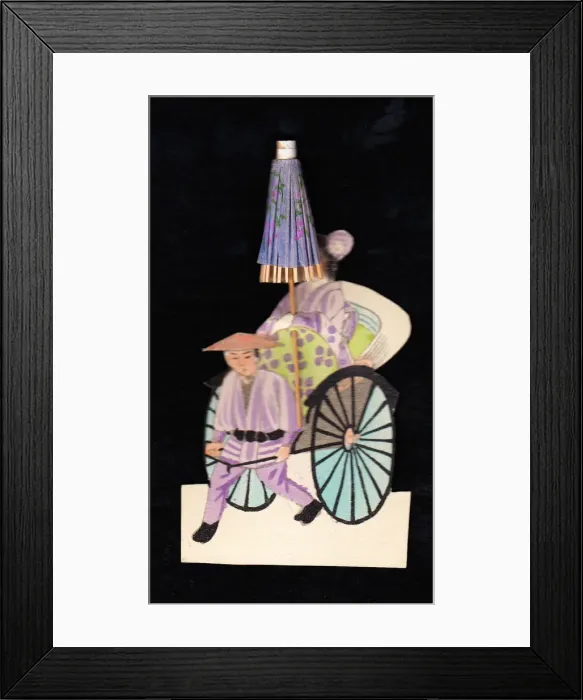 Framed Print : Japanese geisha in rickshaw on a greetings card Framed Print : Japanese geisha in rickshaw on a greetings card