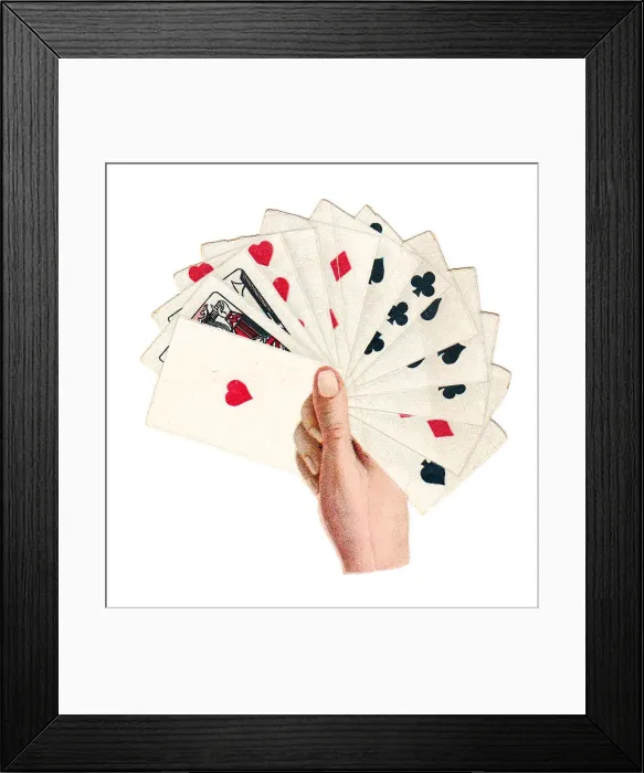 Framed Print : Greetings card in the shape of a hand holding playing cards Framed Print : Greetings card in the shape of a hand holding playing cards