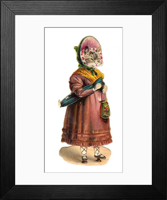 Framed Print : Cat in human costume on a Victorian scrap Framed Print : Cat in human costume on a Victorian scrap