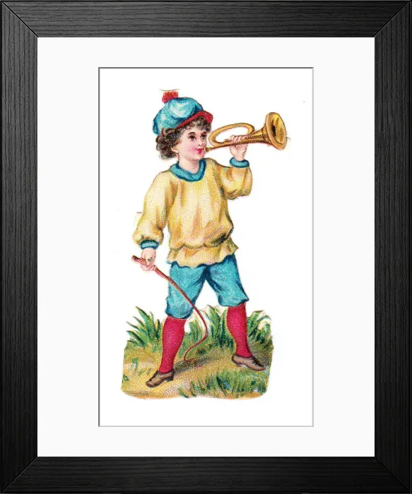 Framed Print : Boy with trumpet and whip on a Victorian scrap Framed Print : Boy with trumpet and whip on a Victorian scrap
