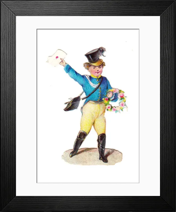 Framed Print : Postman delivering a letter on a Victorian scrap Framed Print : Postman delivering a letter on a Victorian scrap