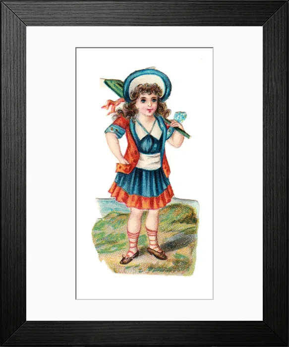 Framed Print : Girl with green umbrella on a Victorian scrap Framed Print : Girl with green umbrella on a Victorian scrap