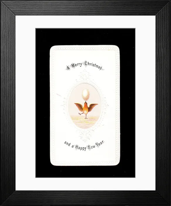 Framed Print : Robin with egg on a Christmas and New Year card Framed Print : Robin with egg on a Christmas and New Year card