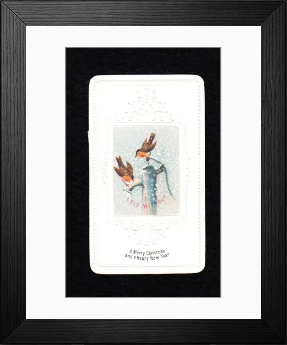 Framed Print : Two robins on pump on a Christmas and New Year card Framed Print : Two robins on pump on a Christmas and New Year card