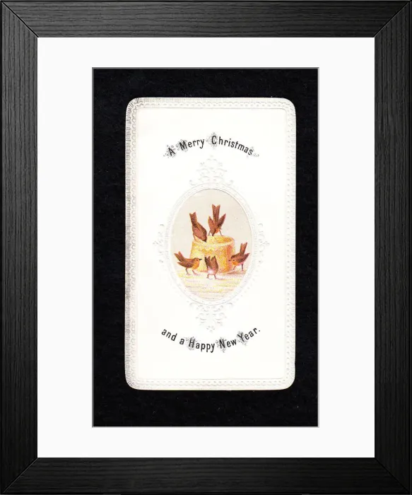 Framed Print : Five robins with pie on a Christmas and New Year card Framed Print : Five robins with pie on a Christmas and New Year card