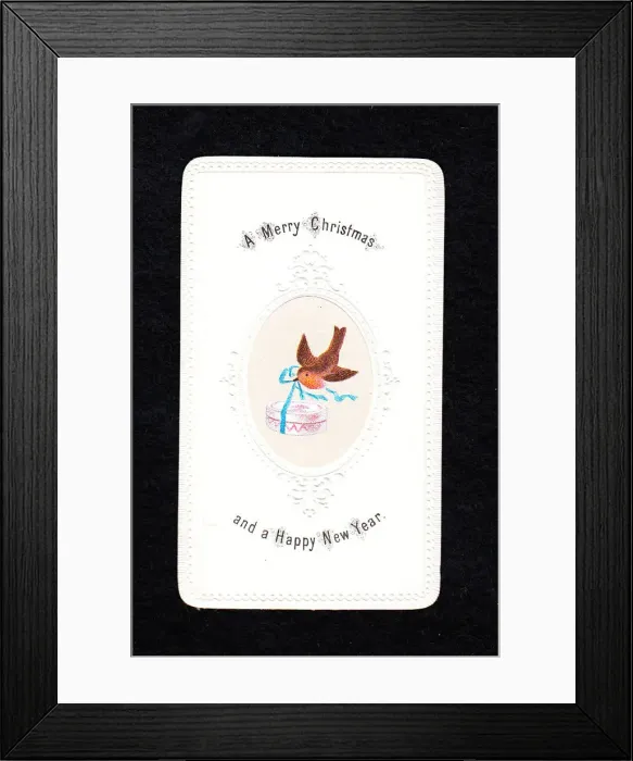 Framed Print : Robin with present on a Christmas and New Year card Framed Print : Robin with present on a Christmas and New Year card