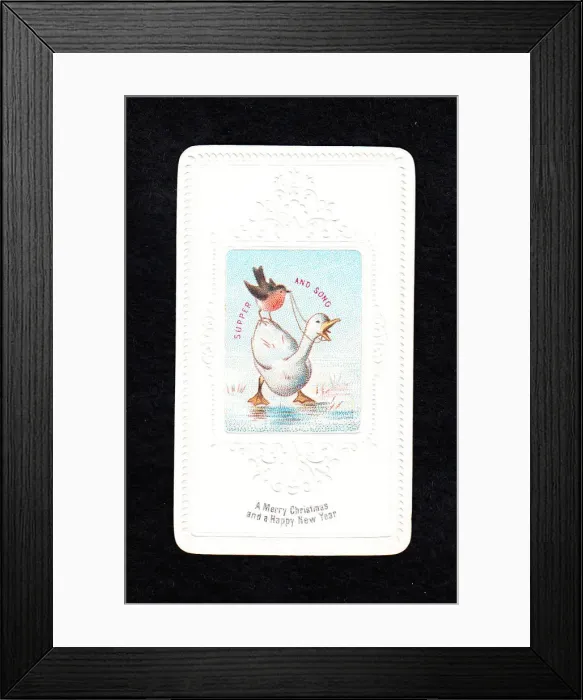 Framed Print : Robin and goose on a Christmas and New Year card Framed Print : Robin and goose on a Christmas and New Year card