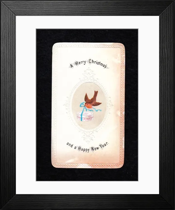 Framed Print : Robin with present on a Christmas and New Year card Framed Print : Robin with present on a Christmas and New Year card