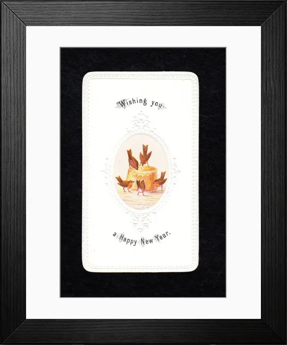 Framed Print : Five robins with pie on a New Year card Framed Print : Five robins with pie on a New Year card