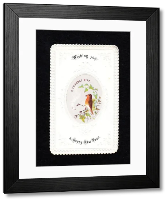 Framed Print : Robin smoking a pipe on a New Year card Framed Print : Robin smoking a pipe on a New Year card