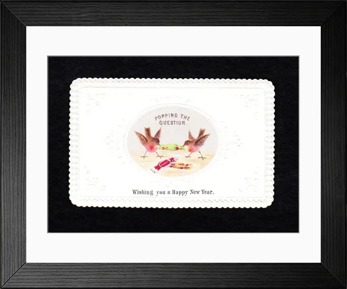 Framed Print : Two robins pulling crackers on a New Year card Framed Print : Two robins pulling crackers on a New Year card
