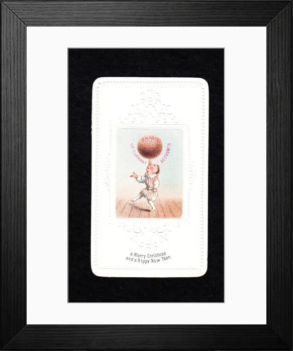 Framed Print : Acrobat balancing pudding on nose on a Christmas card Framed Print : Acrobat balancing pudding on nose on a Christmas card