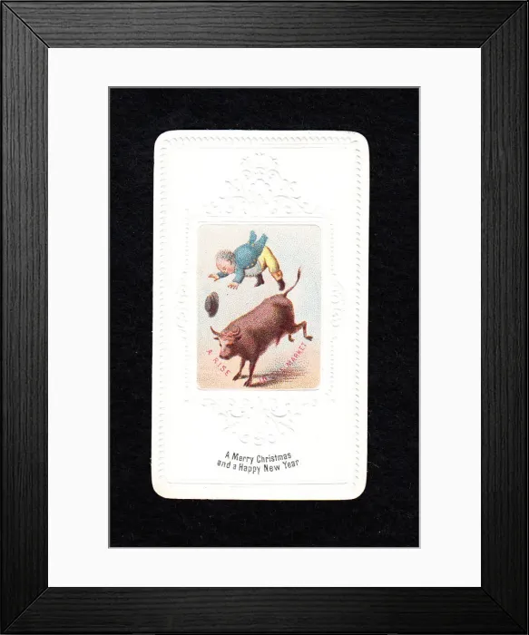 Framed Print : Farmer and bull on a Christmas and New Year card Framed Print : Farmer and bull on a Christmas and New Year card