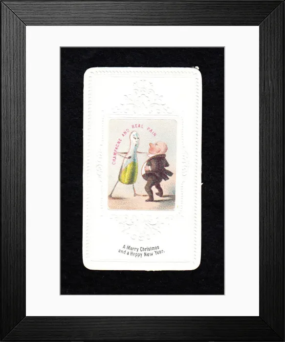 Framed Print : Man with champagne bottle on a Christmas card Framed Print : Man with champagne bottle on a Christmas card