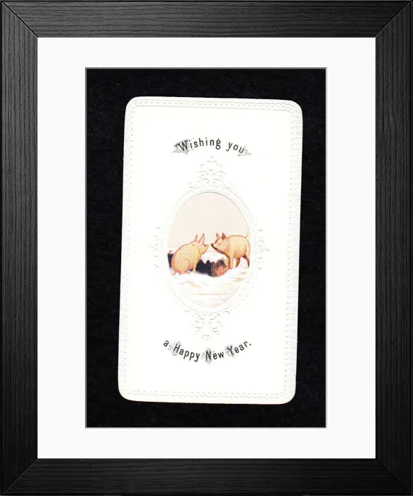 Framed Print : Two pigs in the snow on a New Year card Framed Print : Two pigs in the snow on a New Year card