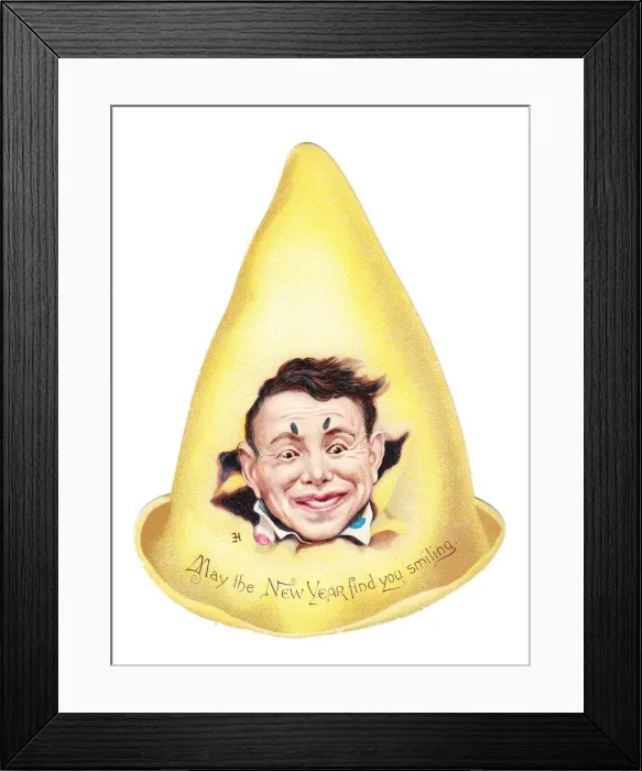 Framed Print : Clowns face on a hat-shaped New Year card Framed Print : Clowns face on a hat-shaped New Year card