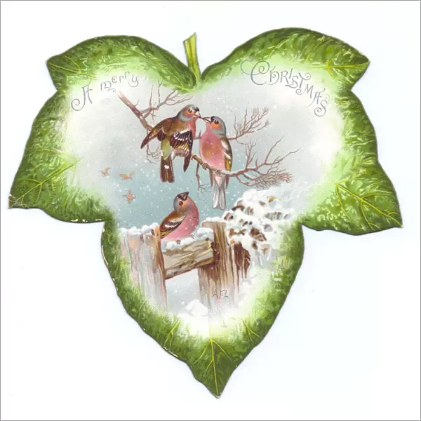 Christmas card in the shape of a green leaf with birds