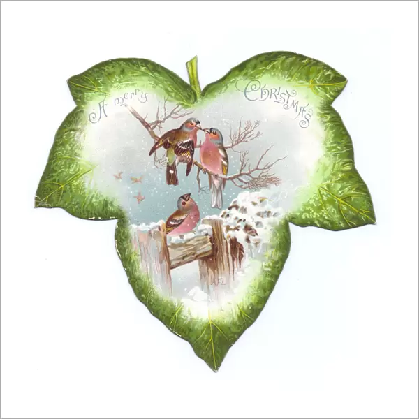 Christmas card in the shape of a green leaf with birds