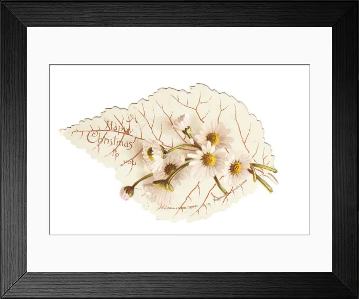 Framed Print : Christmas card in the shape of a white leaf with daisies Framed Print : Christmas card in the shape of a white leaf with daisies
