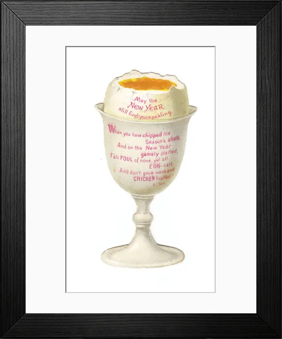Framed Print : Boiled egg in an eggcup on a cutout New Year card Framed Print : Boiled egg in an eggcup on a cutout New Year card
