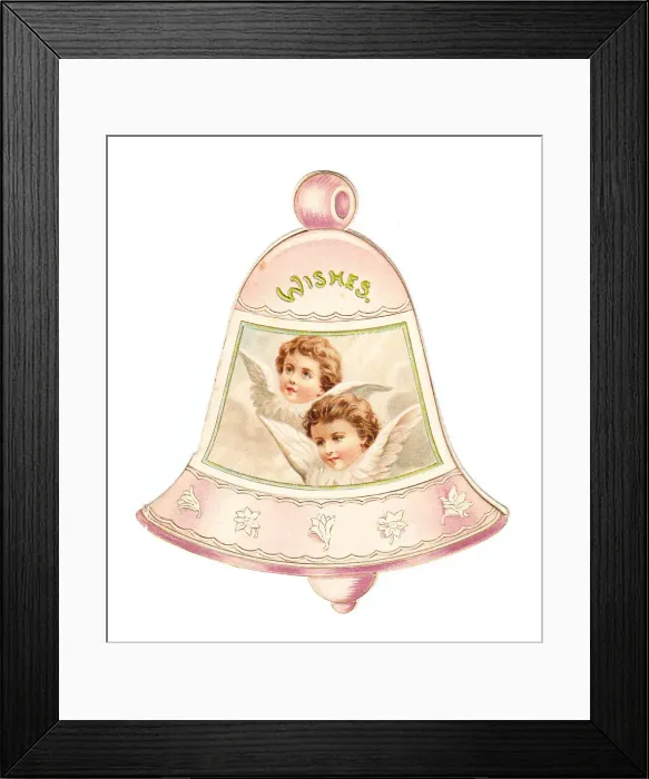 Framed Print : Christmas card in the shape of a bell with cherubs Framed Print : Christmas card in the shape of a bell with cherubs