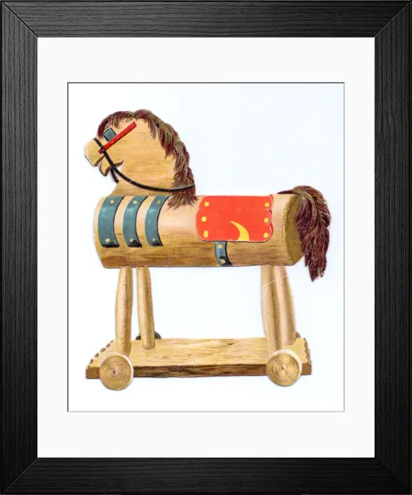 Framed Print : Toy horse on wheels on a cutout New Year card Framed Print : Toy horse on wheels on a cutout New Year card