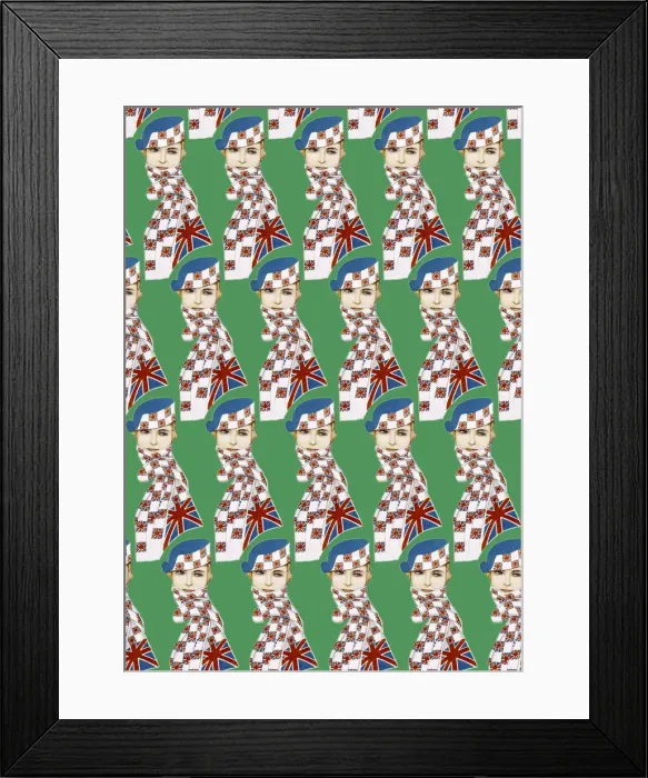 Framed Print : Repeating Pattern - Girl in Union Jack Flag Scarf, green Framed Print : Repeating Pattern - Girl in Union Jack Flag Scarf, green