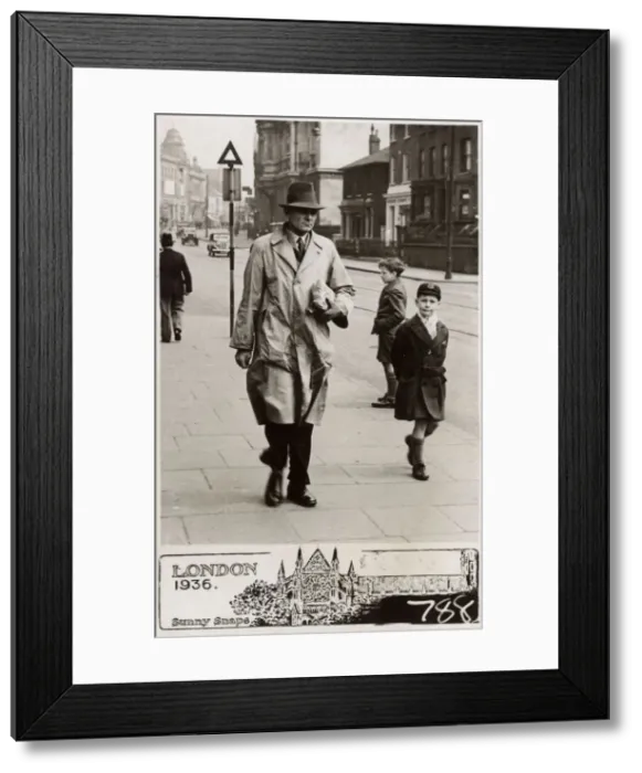 Framed Print : Gent in Raincoat and young schoolboy (his son?) - London Framed Print : Gent in Raincoat and young schoolboy (his son?) - London